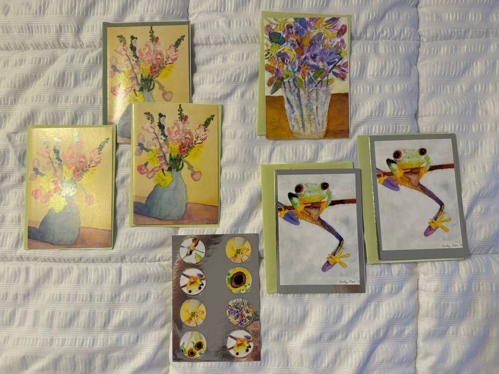 Lot of 6 Greeting Cards Flowers Frogs with Stickers Envelopes Fountain House
